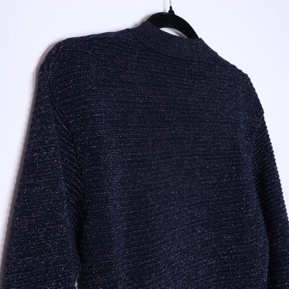 MICHELLE MASON Metallic Twist Ribbed Sweater Navy Asymmetric Hem Women's P/US 2 - Picture 9 of 13